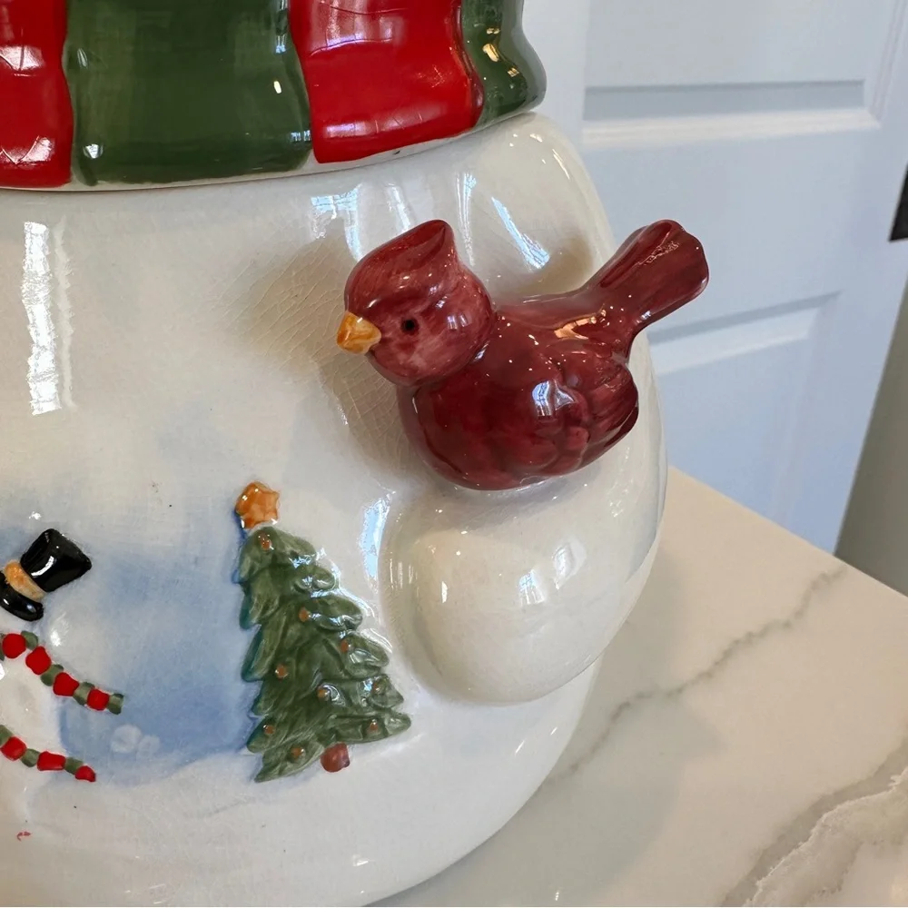 Festive Snowman Ceramic Figurine with Scarf and Top Hat Cookie Jar